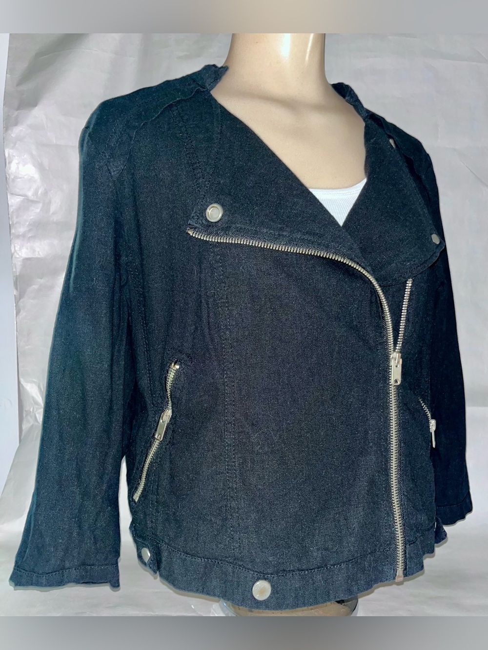 a.n.a. Black Women's Asymmetric Zip linen Moto Jacket Blazer size L p crop